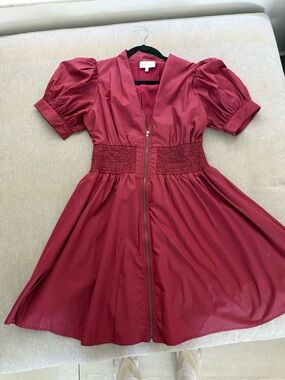 entro Puff-Sleeve Shirred-Waist Mini Dress in Berry Red